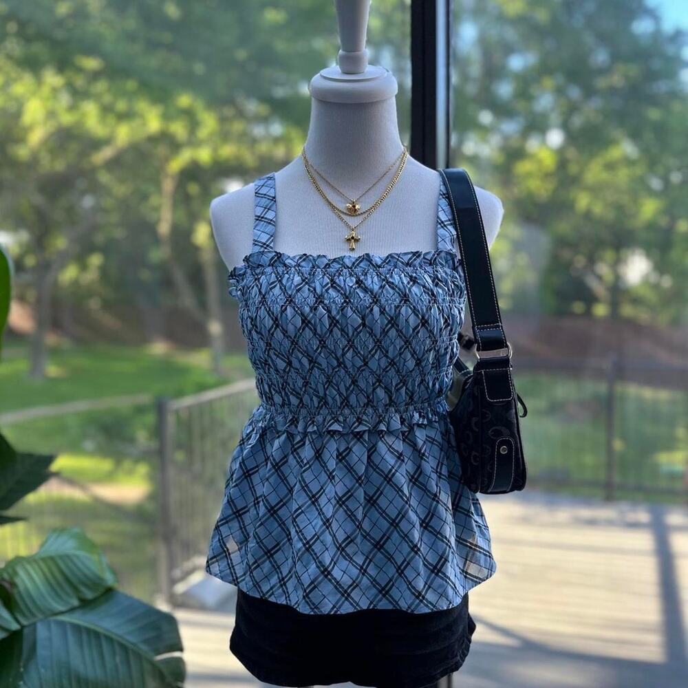 J.Crew Blue Plaid Smocked Babydoll Tank Top